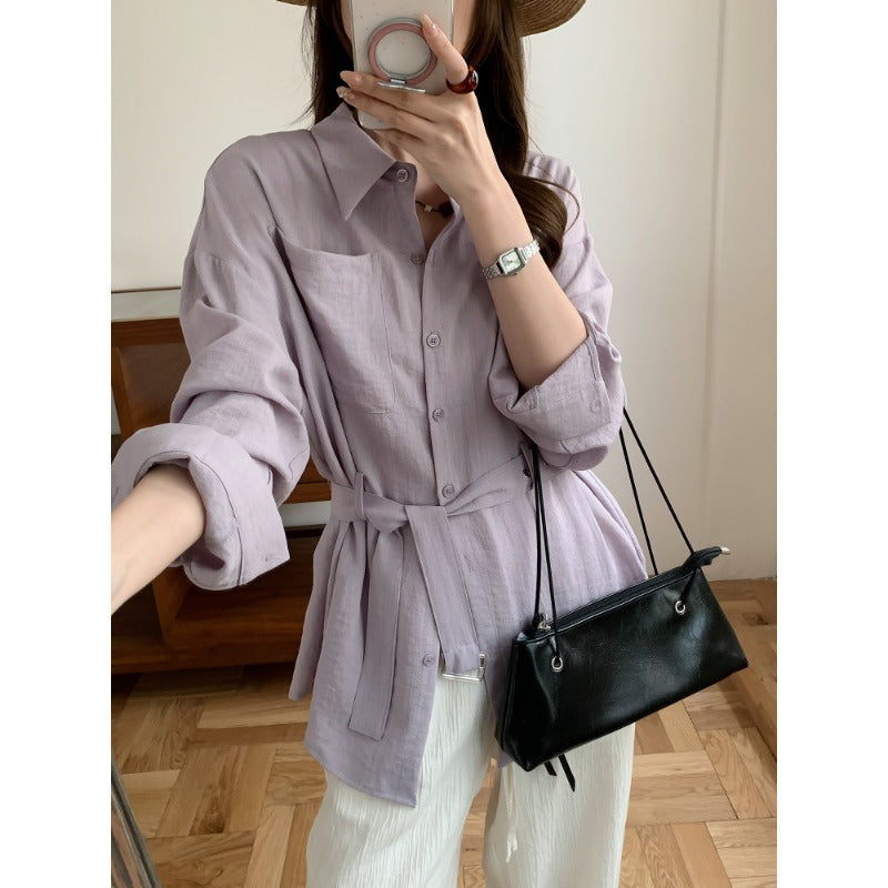 Women's Loose-Fit Linen Shirt Blouse with Waist Belt and Breast Pocket Mune Fashion