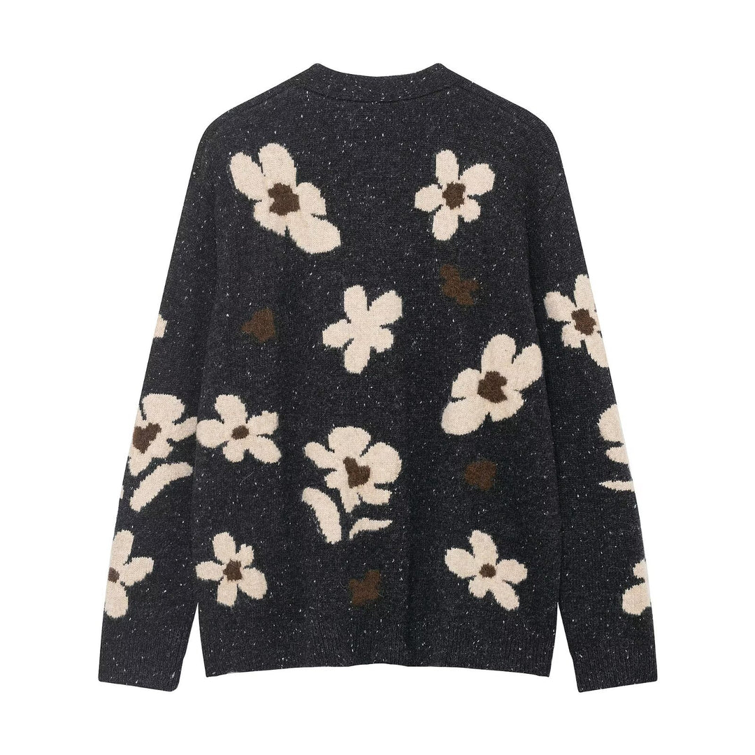 Women's Short Cardigan with Leopard Print and Pearl Flower Buttons Mune Fashion