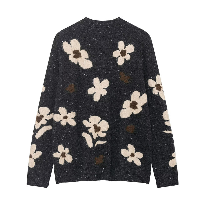 Ladies' knitted cardigan with leopard jacquard, embellished decorative buttons with pearls and short hem Mune Fashion