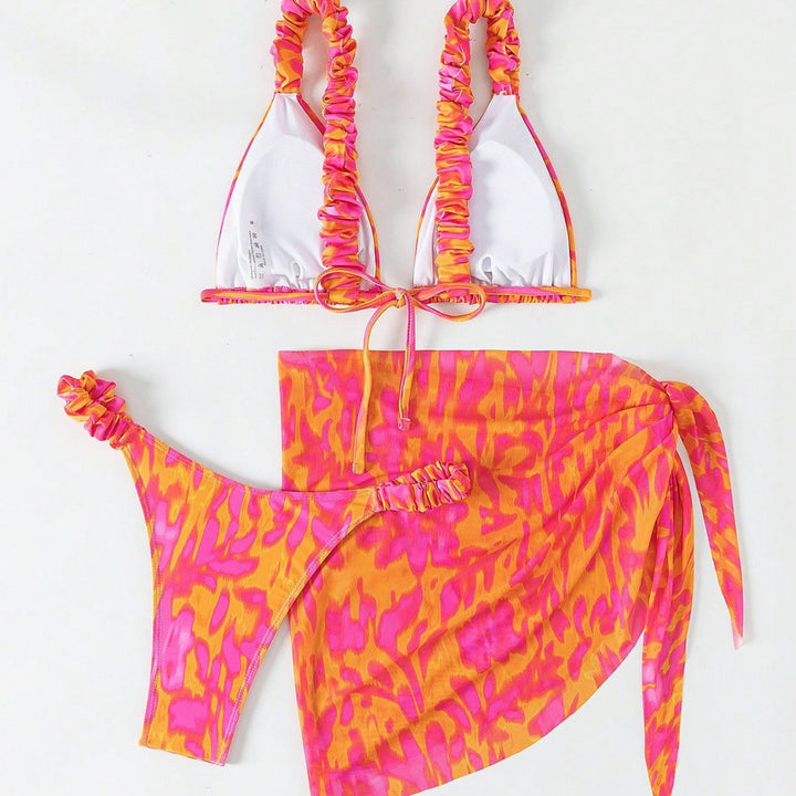 Women's Triangle Bikini Set with Ruffle Details and Trendy Wrap Tunic Mune Fashion
