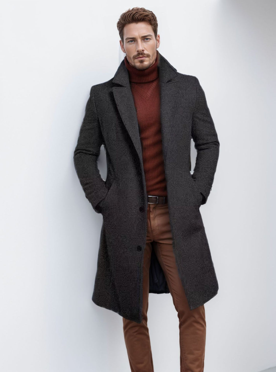 Men's long wool blend coat with bouclé texture, tailored silhouette and classic lapel Mune Fashion