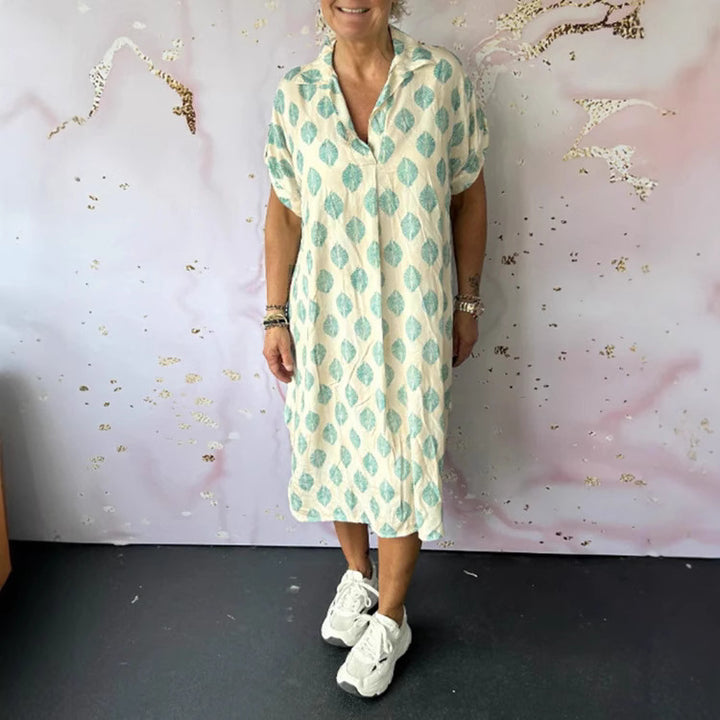 Women's NAN legeres Kaftan-mid dress with shirt collar V-neck short batwing sleeves and side insert pockets Mune Fashion