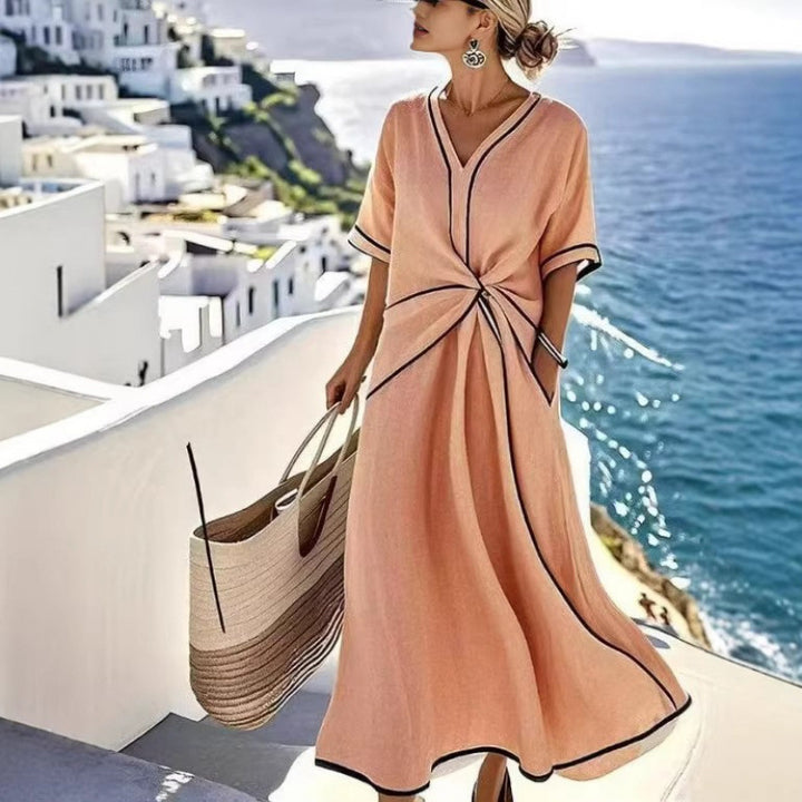 Women's maxi dress with V-neck, side knot and contrast piping Mune Fashion