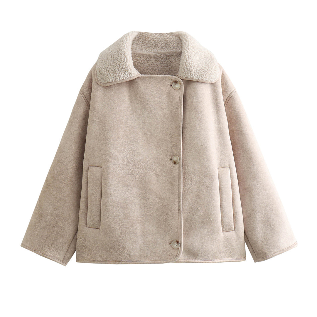 Women's Boxy Short Jacket made of Faux Suede with Teddy Collar and Concealed Button Placket Mune Fashion