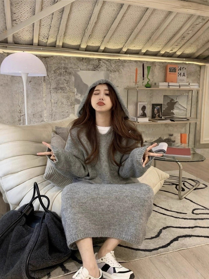 Women Long Hoodie Knit Dress Made of Wool Blend with Relaxed Oversize Silhouette and Ribbed Hem Mune Fashion