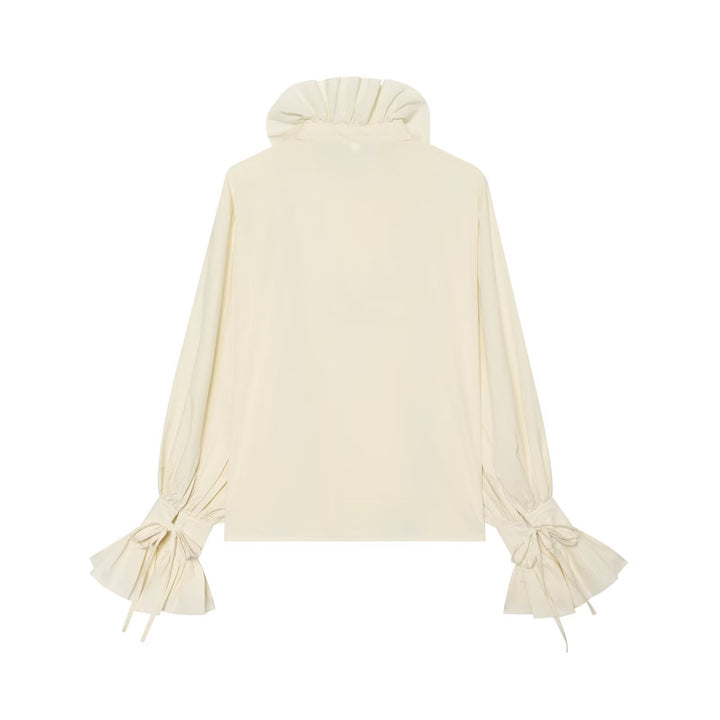 Women's ruffled blouse with high stand-up collar, asymmetrical frill trim and balloon sleeves Mune Fashion