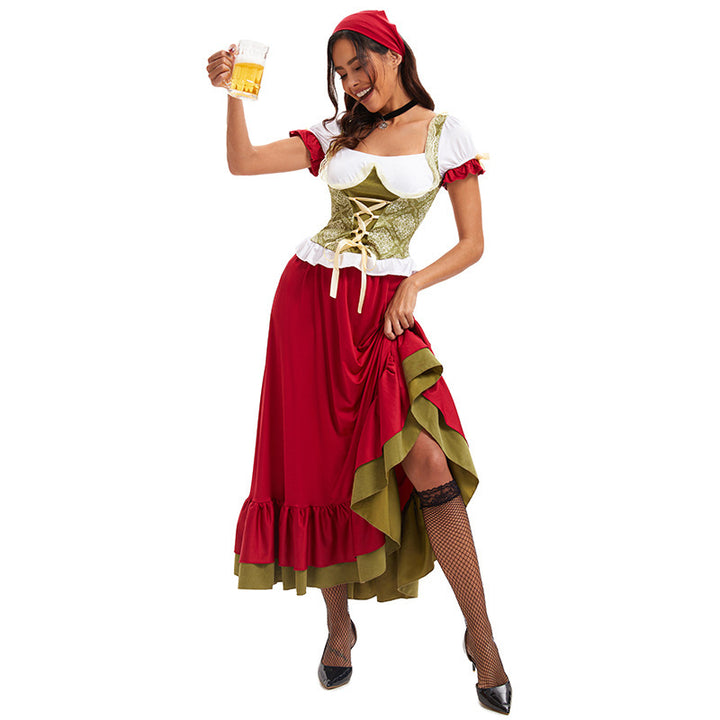 Ladies Bavarian Oktoberfest Beer Girl Costume with lace-up bodice puff sleeves and layered skirt Mune Fashion