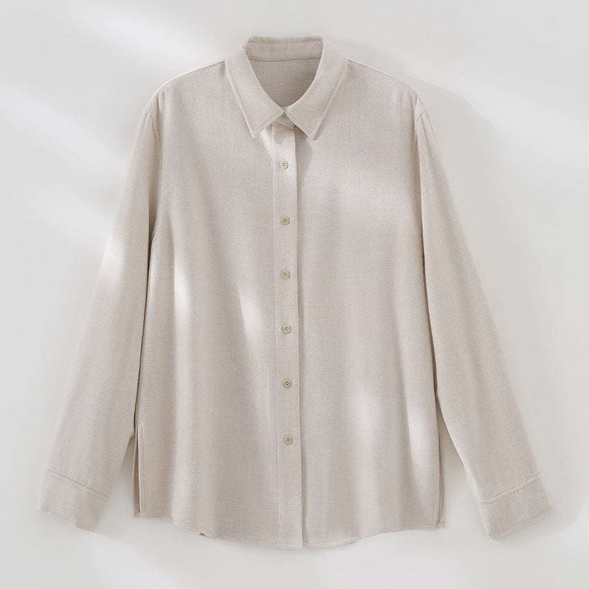 Women Loose Knit Shirt with Kent Collar and Rounded Hem Mune Fashion