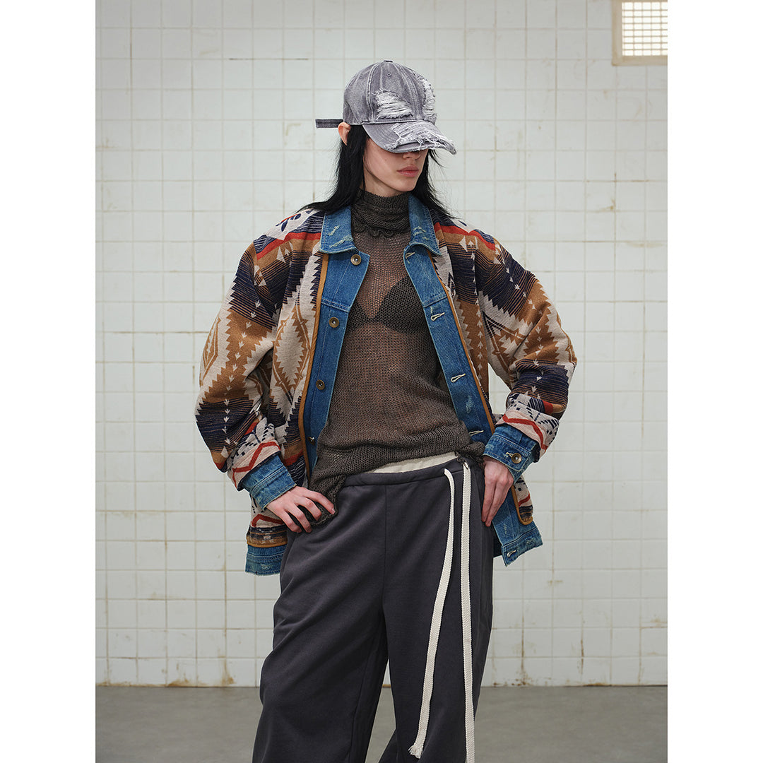 Unisex Loose-Fitting Jacquard Liner Jacket with Denim Trim and Graphic Ethno Pattern Mune Fashion
