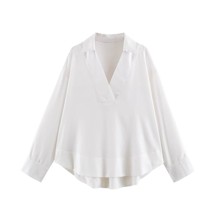 Women Oversize Linen-Mix Blouse with Deep V-Neck and Shirt Collar Mune Fashion