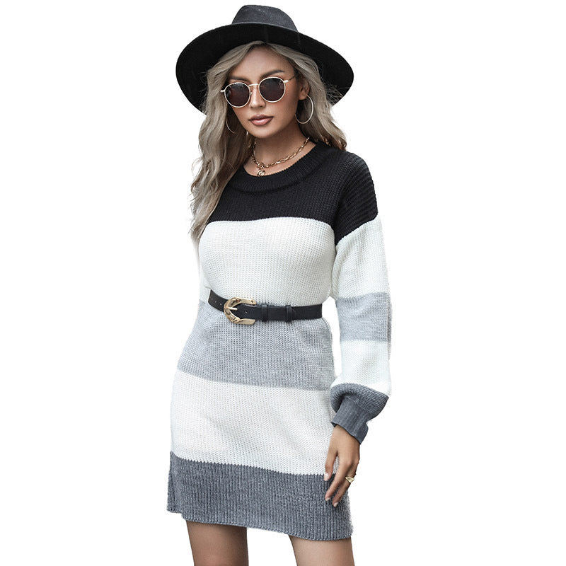 Women's knit mini dress with block stripes, oversized sleeves and figure-enhancing waist belt Mune Fashion