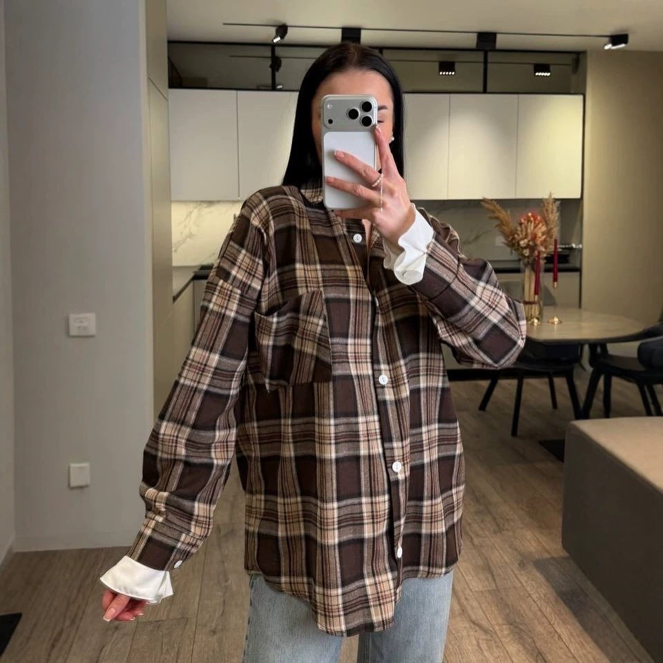 Women Checked Flannel Overshirt with Shirt Collar, Relaxed Fit and Patch Chest Pocket Mune Fashion