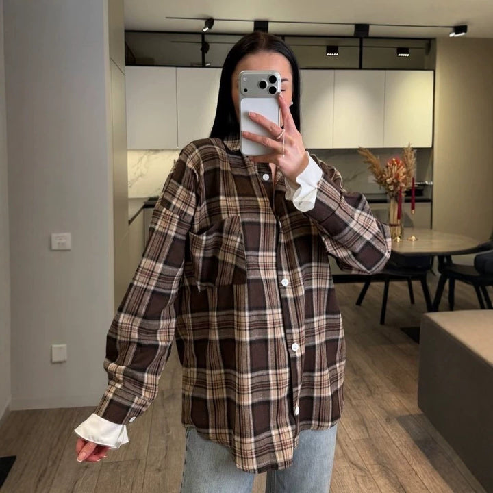 Women Checked Flannel Overshirt with Shirt Collar, Relaxed Fit and Patch Chest Pocket Mune Fashion