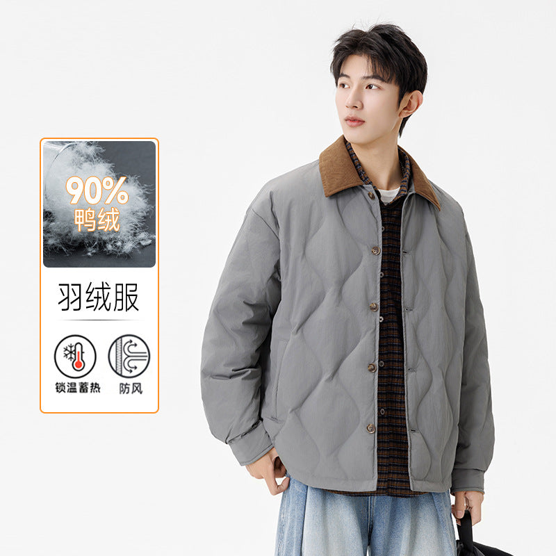 Men's Quilted Padded Jacket with Corduroy Collar and Button Placket Drune