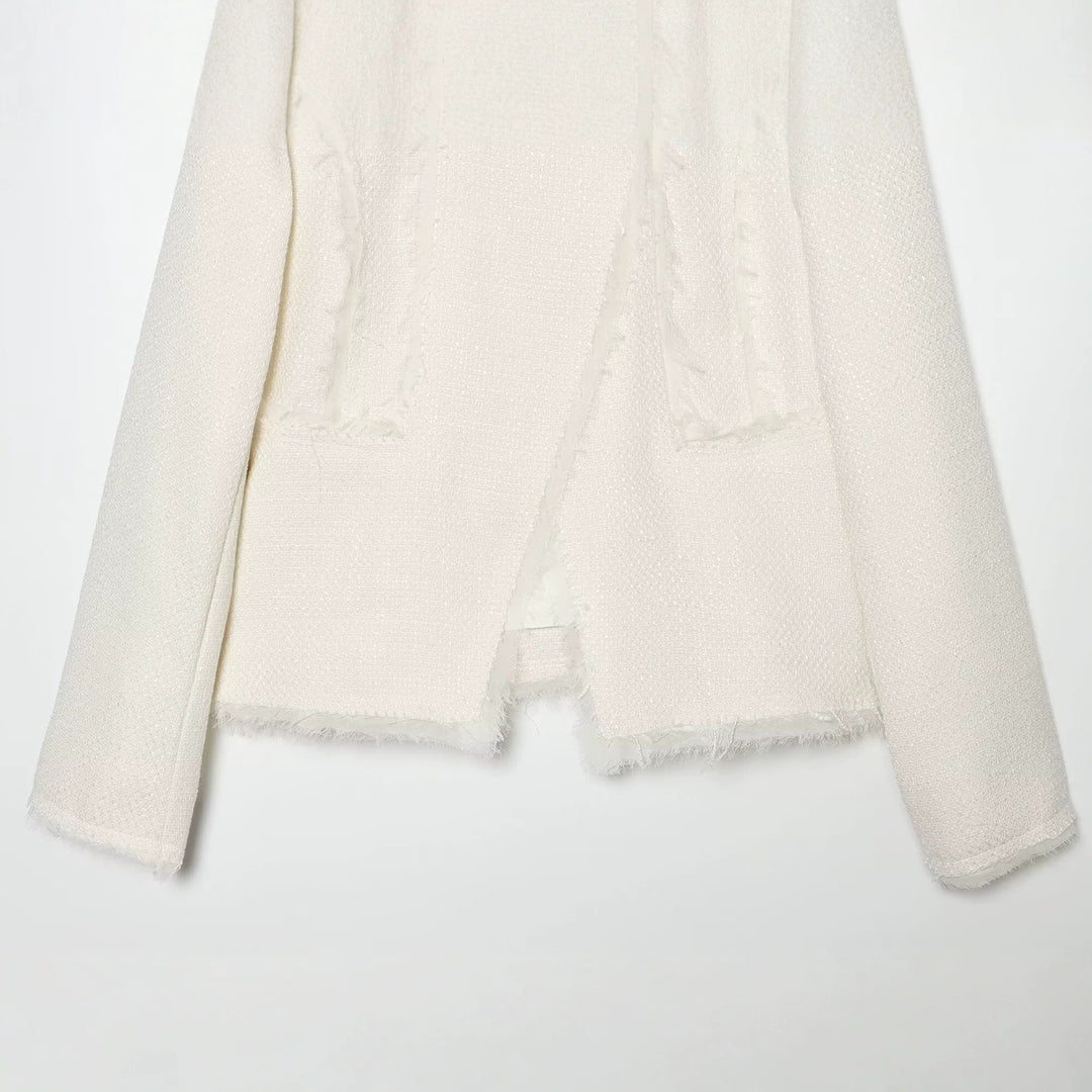 Women's bouclé short jacket with fringe trim and asymmetrical single-button closure Mune Fashion
