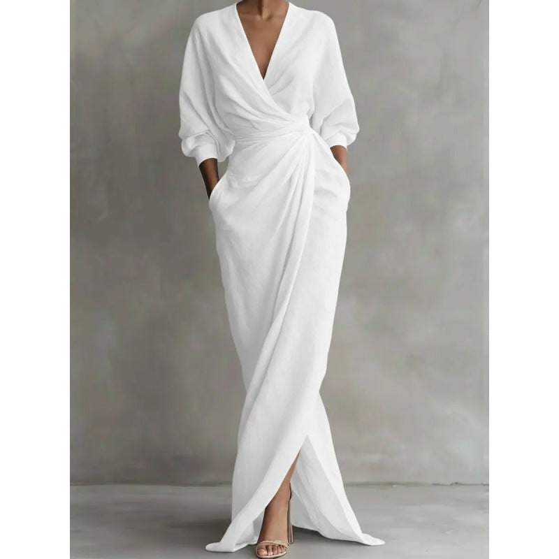 Women's Draped Wrap Maxi Dress with Deep V-Neck, Waist Twist and Side Pockets Drune