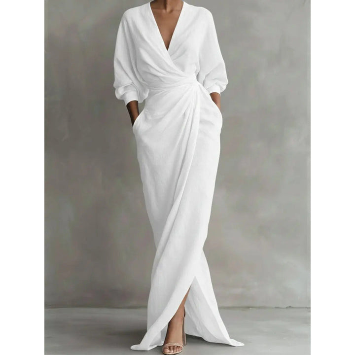 Women's Draped Wrap Maxi Dress with Deep V-Neck, Waist Twist and Side Pockets Drune