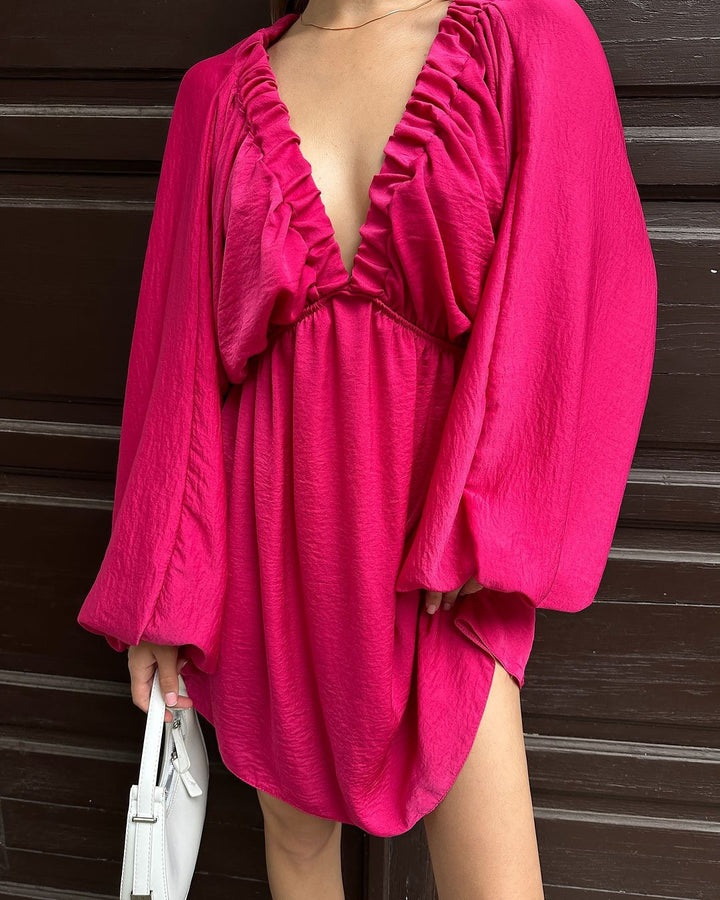 Women Loose Mini Dress with Deep V-Neck and Balloon Sleeves Mune Fashion