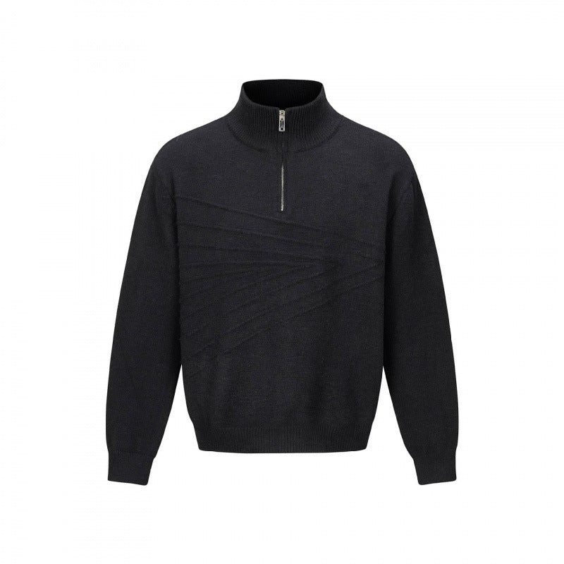 Unisex fine knit half-zip sweater with standing collar and diagonal structure Mune Fashion