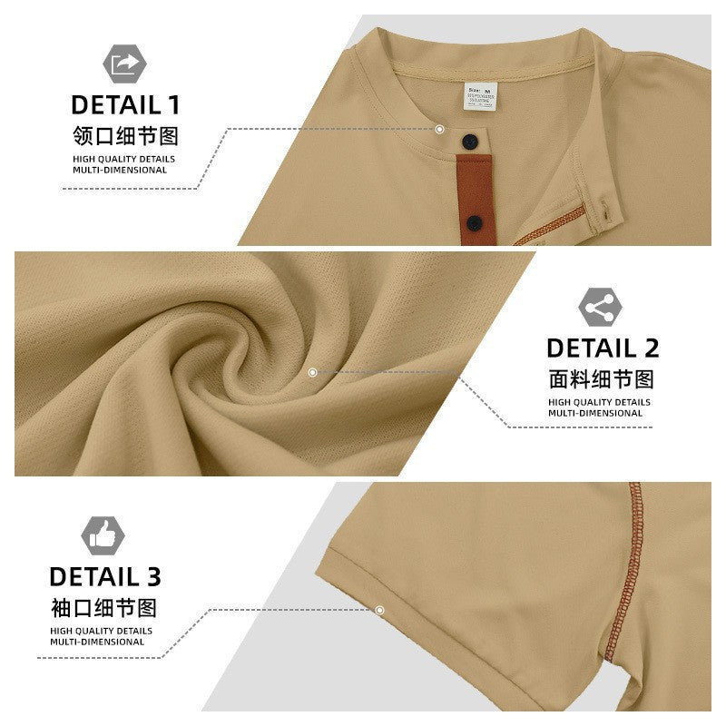 Men's short-sleeved Henley shirt with stand-up collar, chest pocket, and contrasting decorative stitching Mune Fashion