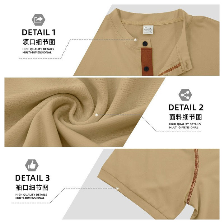 Men's short-sleeved Henley shirt with stand-up collar, chest pocket, and contrasting decorative stitching Mune Fashion