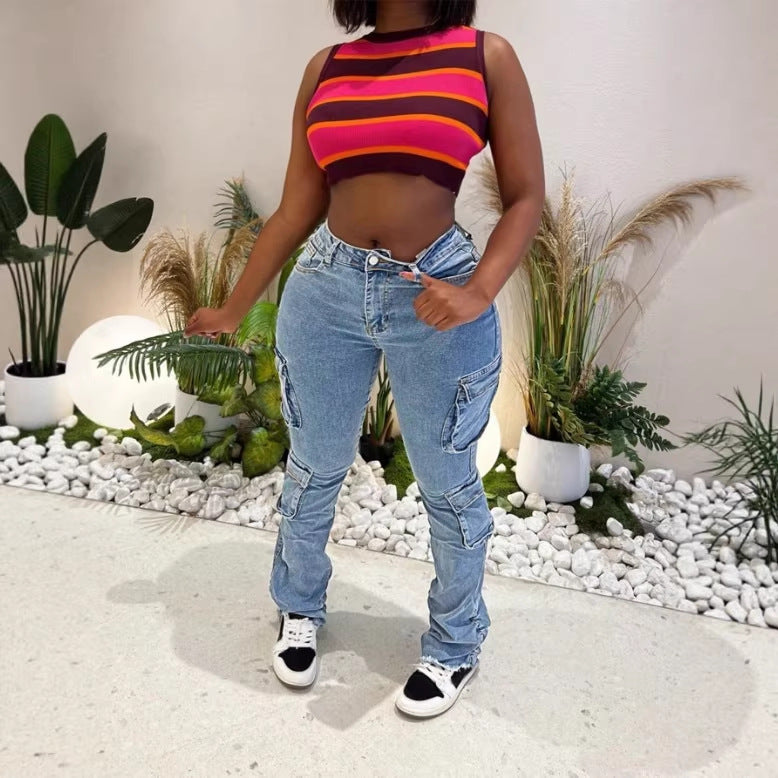 Ladies Cargo Denim Jeans with High Waist, Slim Fit Hips and Patch Utility Pockets Mune Fashion
