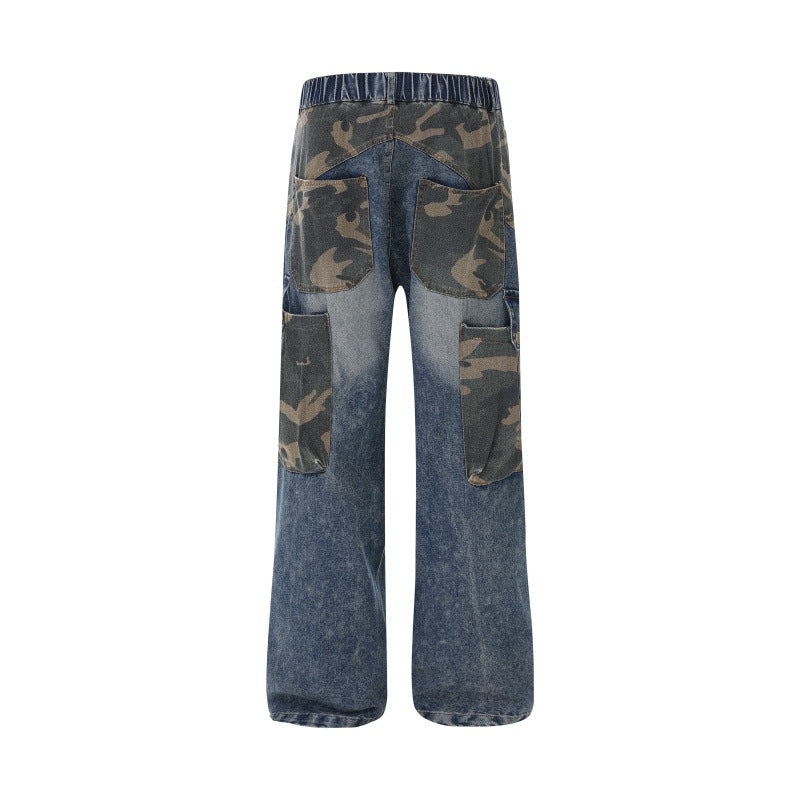 Women Wide High-Waist Denim Cargo Pants with Camouflage Inserts Mune Fashion