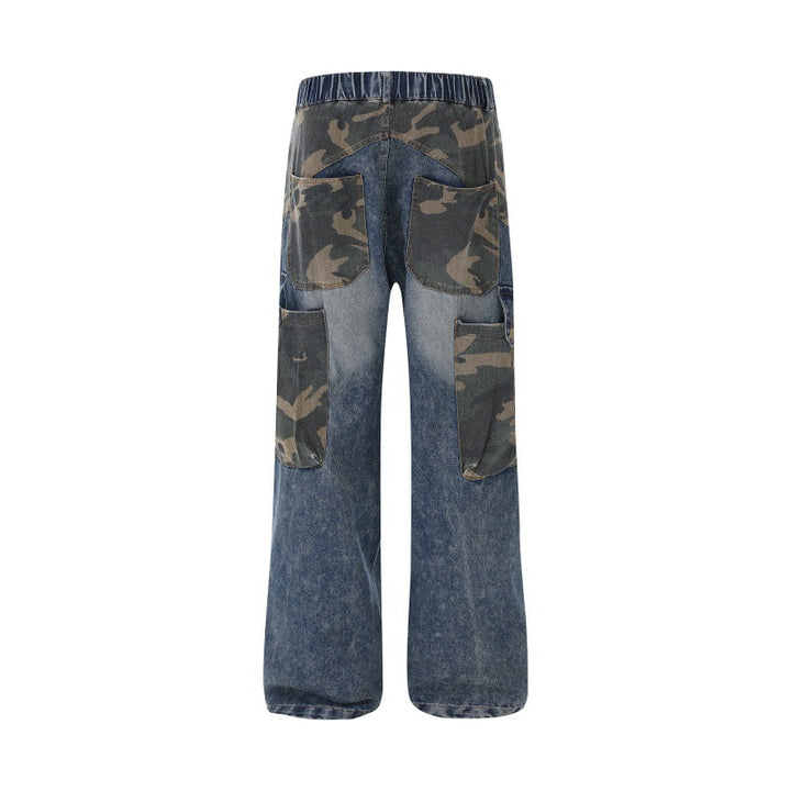 Women Wide High-Waist Denim Cargo Pants with Camouflage Inserts Mune Fashion