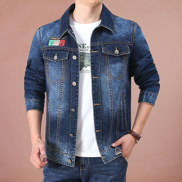 Men's jeans jacket in vintage look with patches and printed lining Mune Fashion