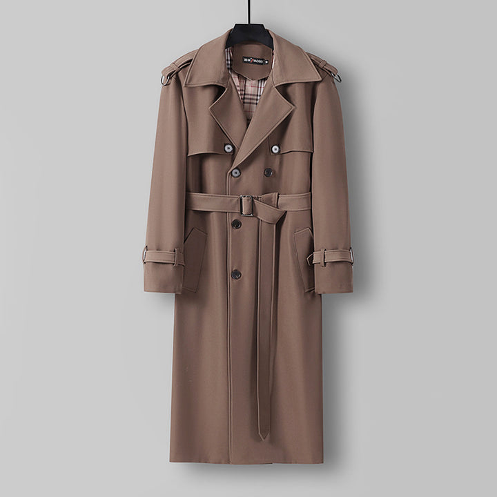Women Elegant long cut wool blend trench coat with double-breasted button placket and belt Mune Fashion