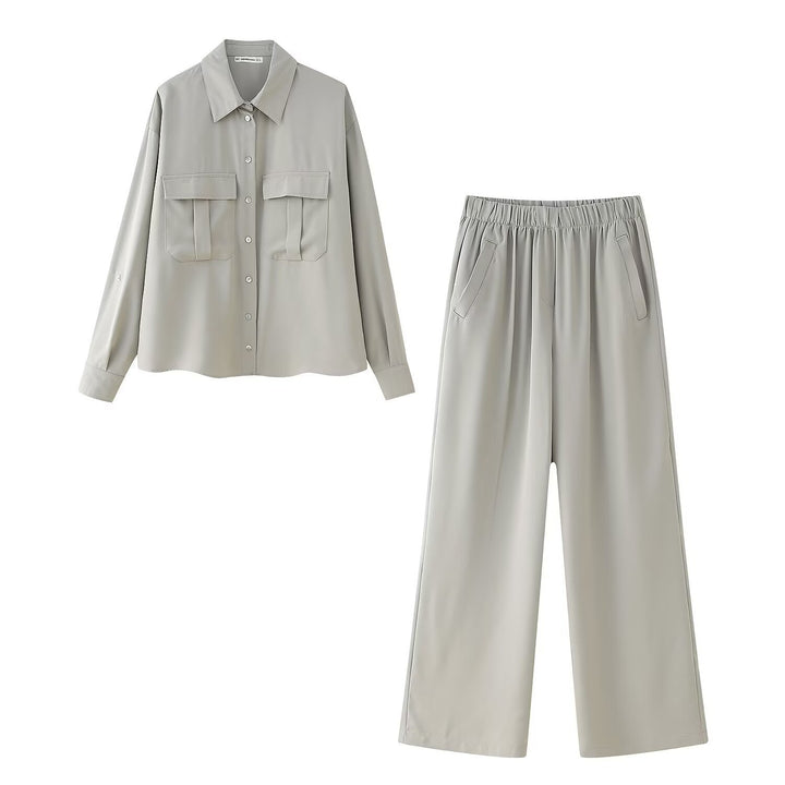 Women Two-Piece Set with Oversized Shirt, Patch Pockets and Loose Elastic Waist Pants Mune Fashion