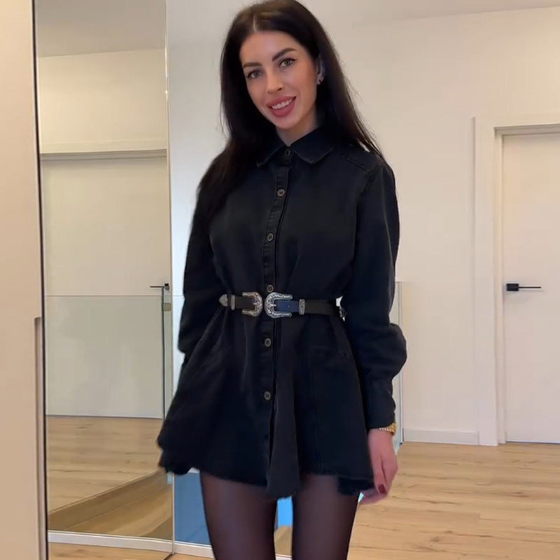 Women’s Denim Button Dress with Fitted Cut and Belt Mune
