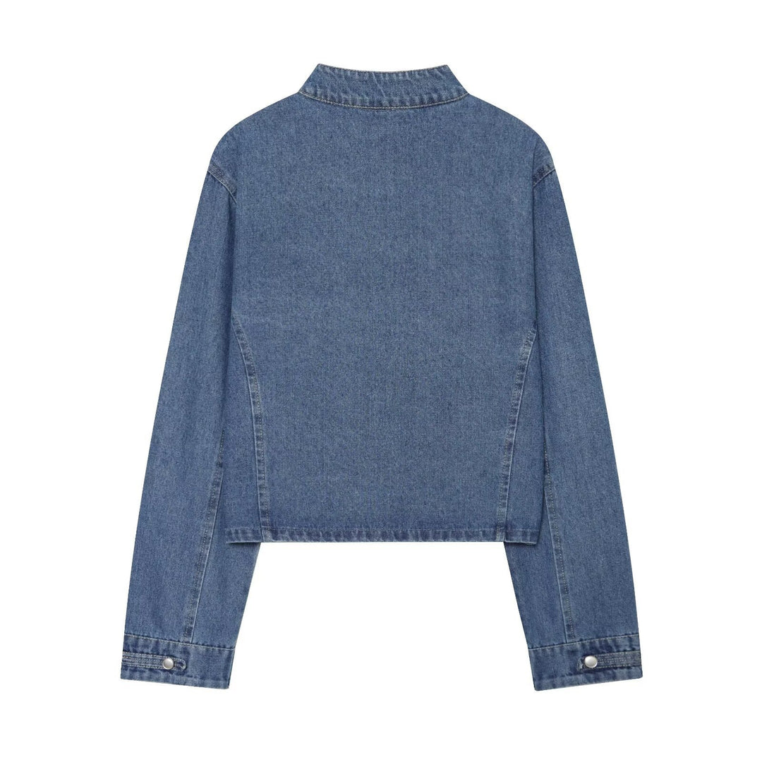 Ladies short cut denim jacket in military style with stand-up collar and decorative button rows Mune Fashion