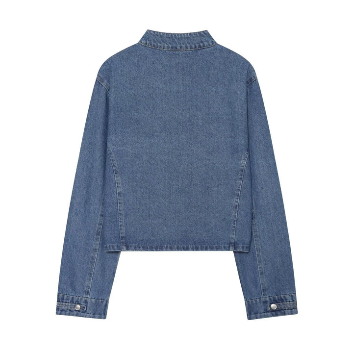 Ladies short cut denim jacket in military style with stand-up collar and decorative button rows Mune Fashion