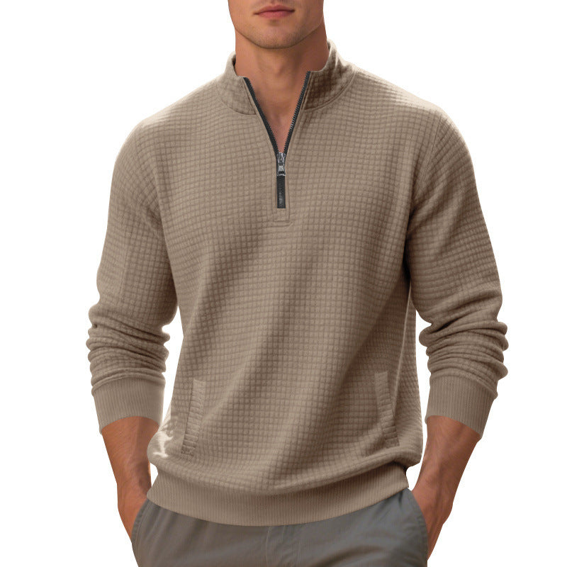 Men's waffle knit half-zip pullover with stand-up collar, kangaroo pocket & ribbed finishes Mune Fashion