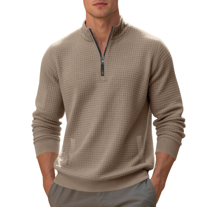 Men's waffle knit half-zip pullover with stand-up collar, kangaroo pocket & ribbed finishes Mune Fashion
