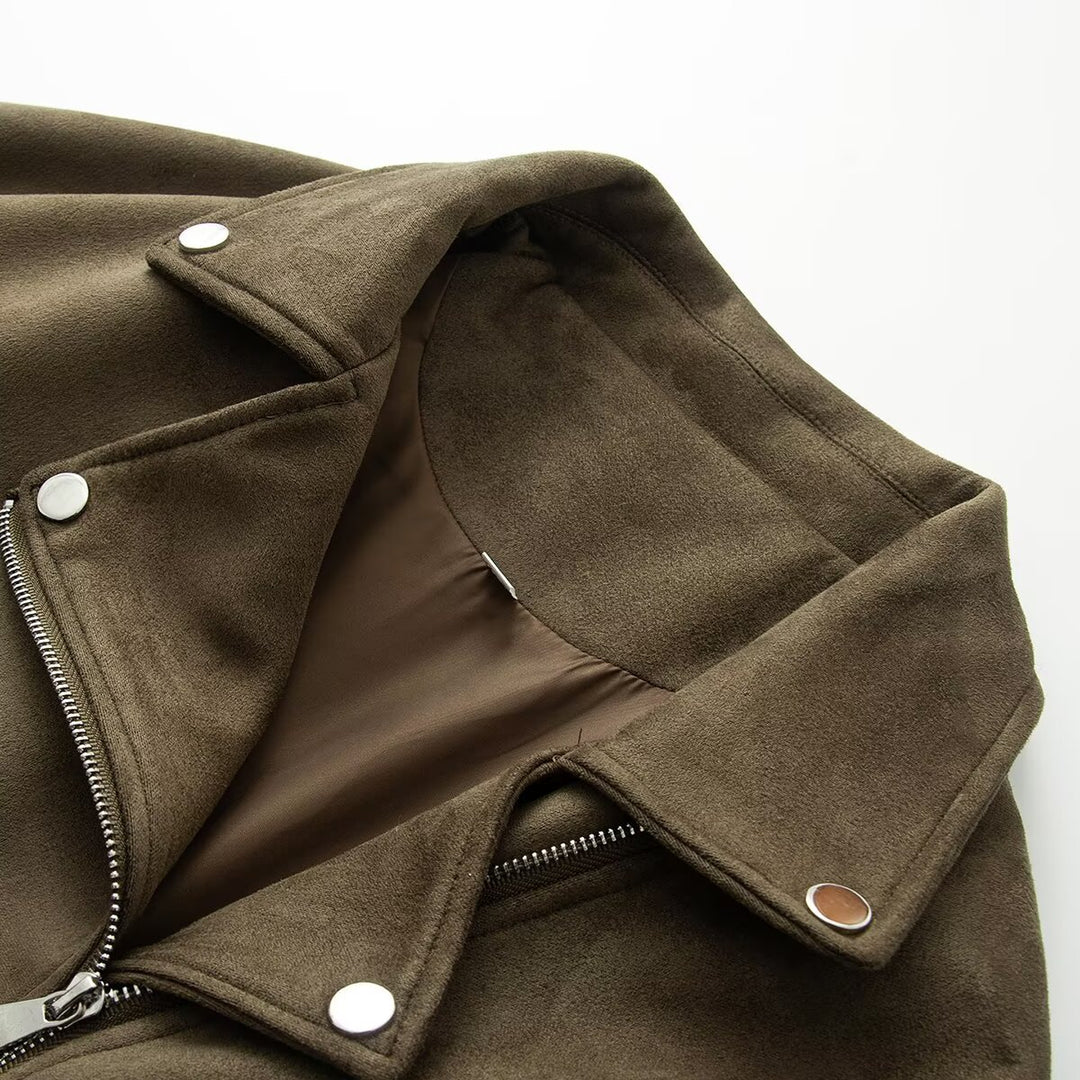 Women Asymmetrical Suede Leather Look Biker Jacket with Stand-Up Collar and Zippers Mune Fashion
