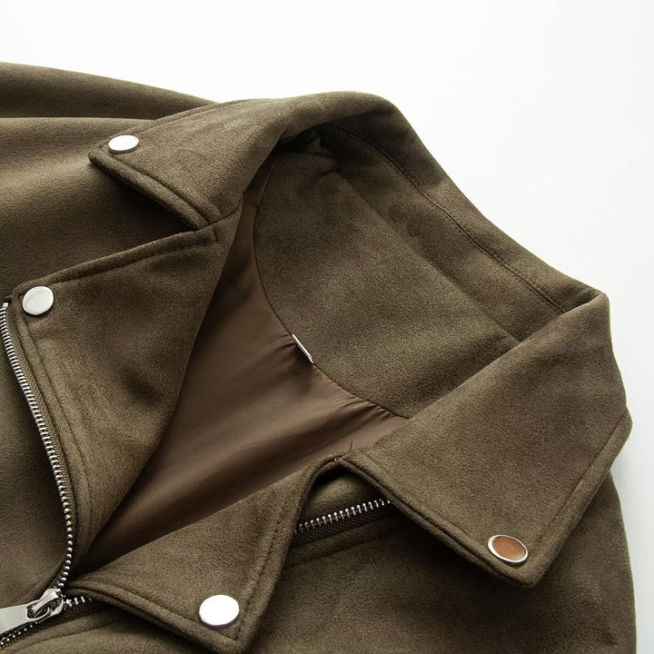 Women Asymmetrical Suede Leather Look Biker Jacket with Stand-Up Collar and Zippers Mune Fashion