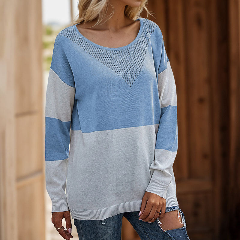 Women's Oversize Knitted Sweater with Round Neck, Eyelet Triangle and Block Stripes Mune Fashion