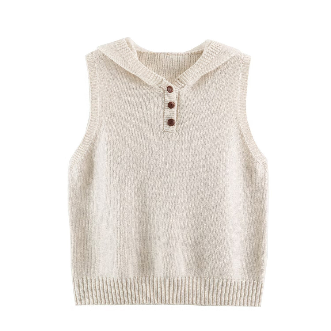 Women's fine knit vest with hood, button placket, and ribbed waistband Mune Fashion