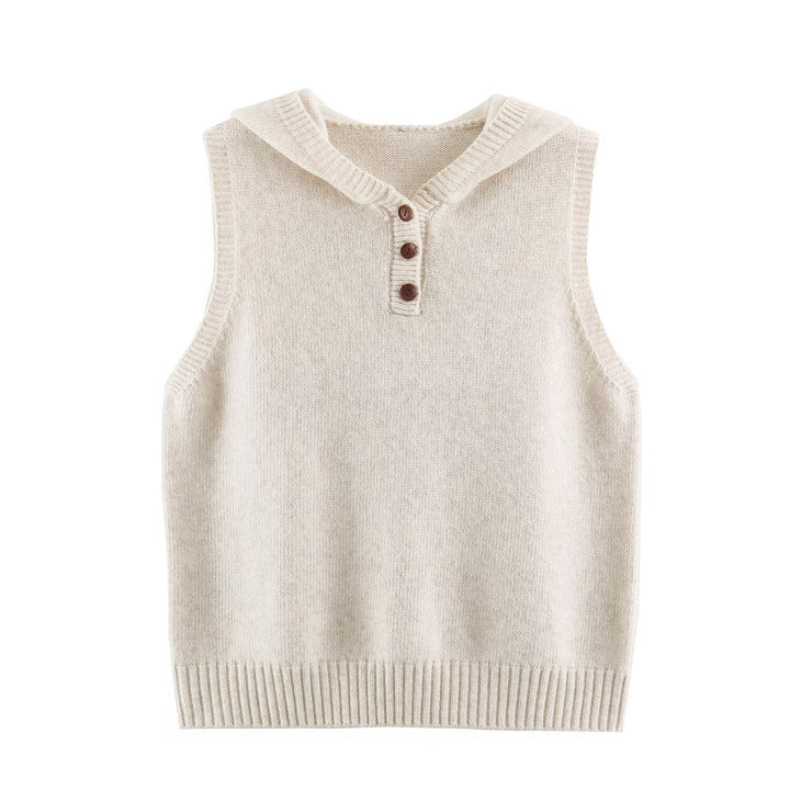 Women's fine knit vest with hood, button placket, and ribbed waistband Mune Fashion