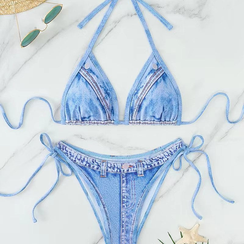 Ladies Triangle Bikini with Jeans Look and Woven Ties Mune Fashion