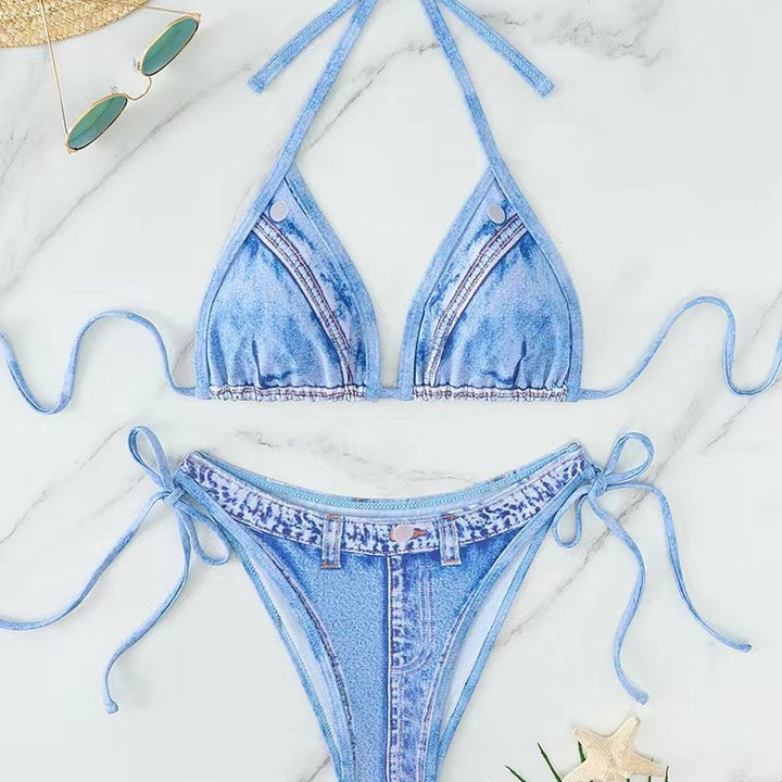 Ladies Triangle Bikini with Jeans Look and Woven Ties Mune Fashion