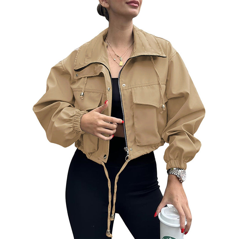 Women's Short Utility Bomber Jacket with Drawstring and Oversized Sleeves Mune Fashion