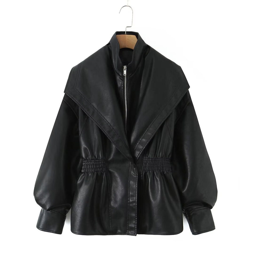 Women's faux leather jacket with XXL shawl collar, waist elastic and balloon sleeves Mune Fashion