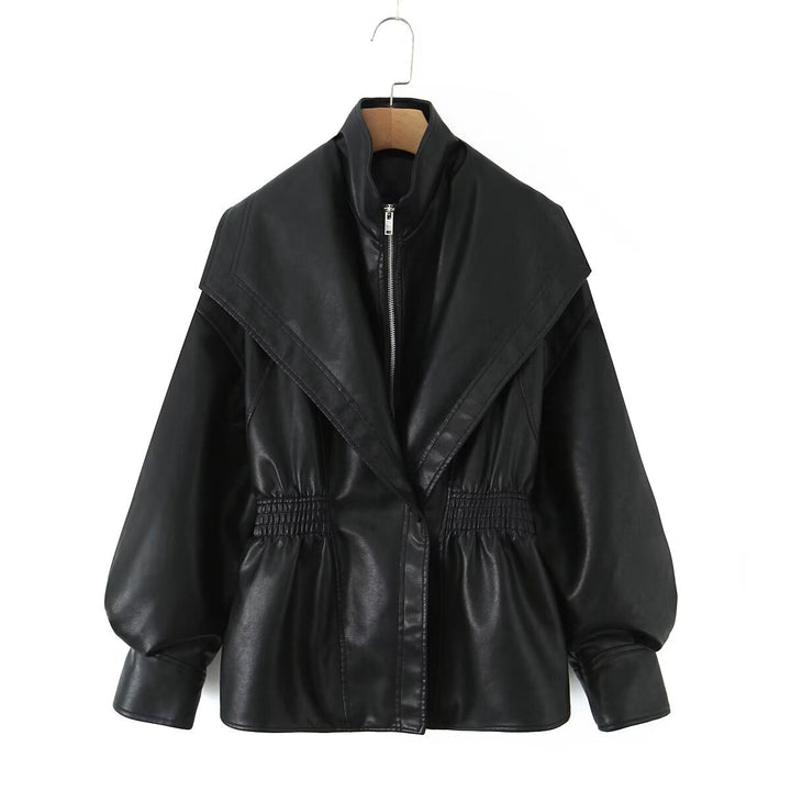 Women's faux leather jacket with XXL shawl collar, waist elastic and balloon sleeves Mune Fashion