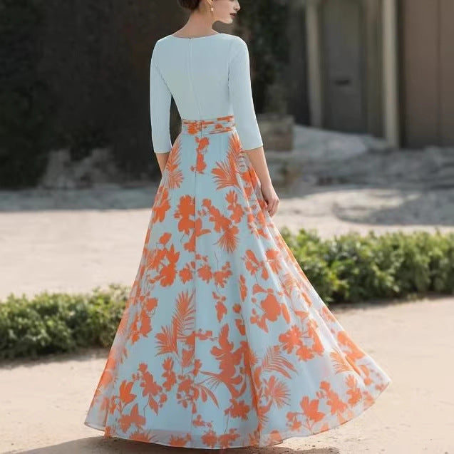 Women Floral Maxi Dress with Wrap Top, Three-Quarter Sleeves and Flared Skirt Mune Fashion