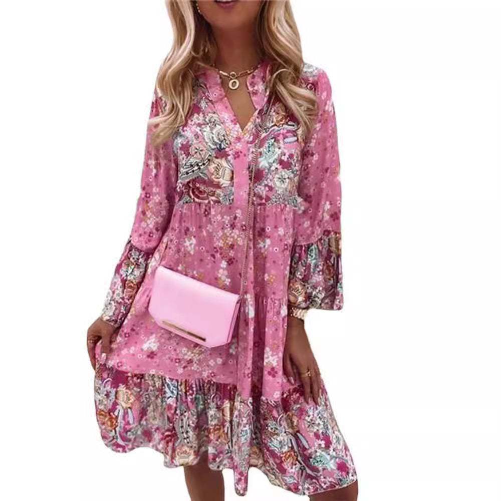 Women nan floral Boho dress with V-neck and tiered skirt Mune Fashion