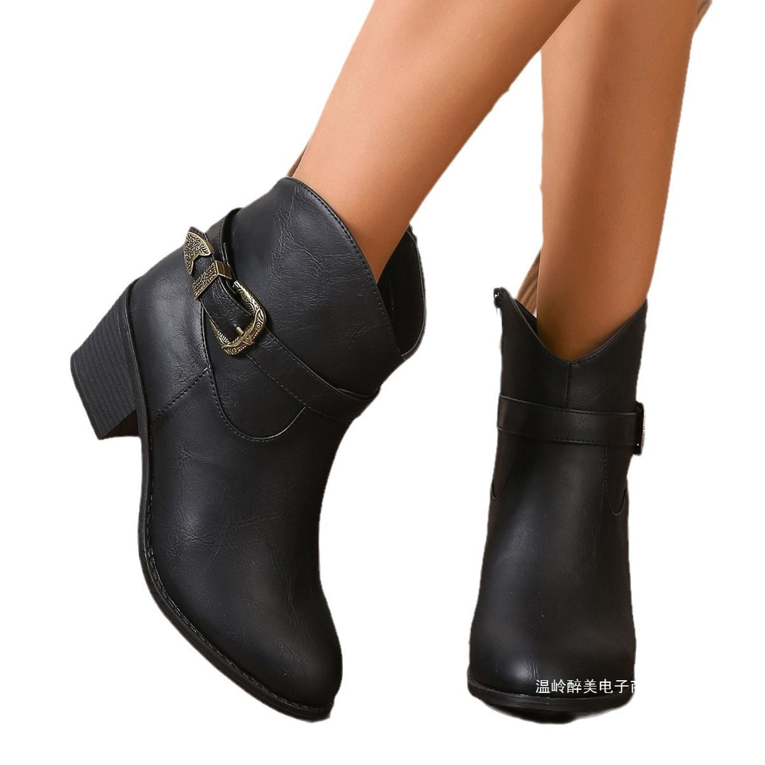 Women’s Western-inspired ankle boots with mid-height block heel, side zipper and decorative metal buckle Mune Fashion