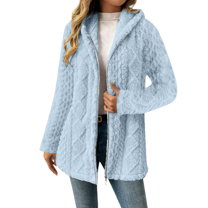 Women's Hooded Sherpa Jacket with Cable Pattern, Medium Length and Two-Way Zipper Mune Fashion